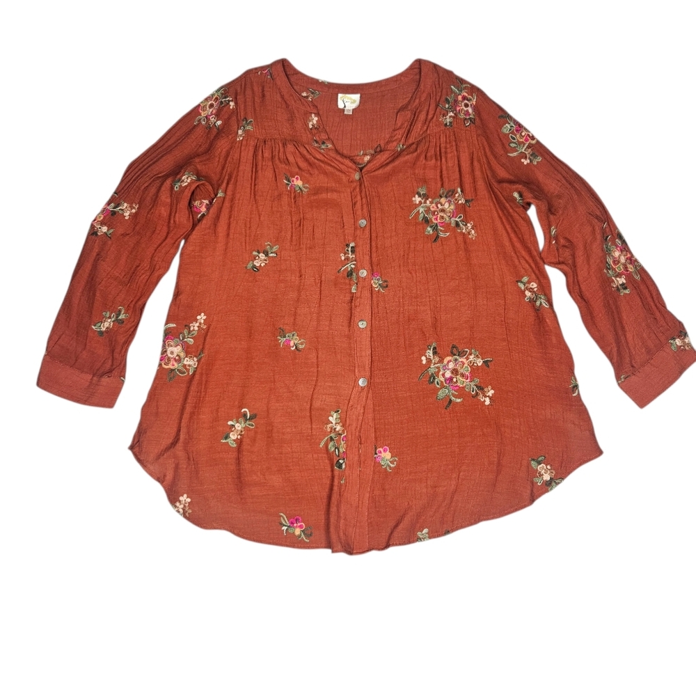 Anthropologie Fig‎ & Flower Womens 2X Embroidered Floral Boho Blouse